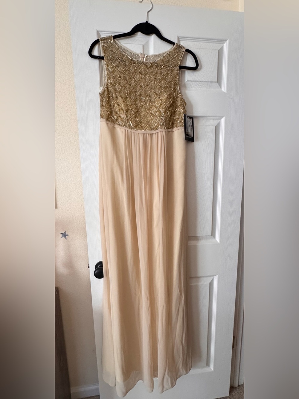 JS Boutique Gold Sequin Bodice Cream Maxi Column Gown